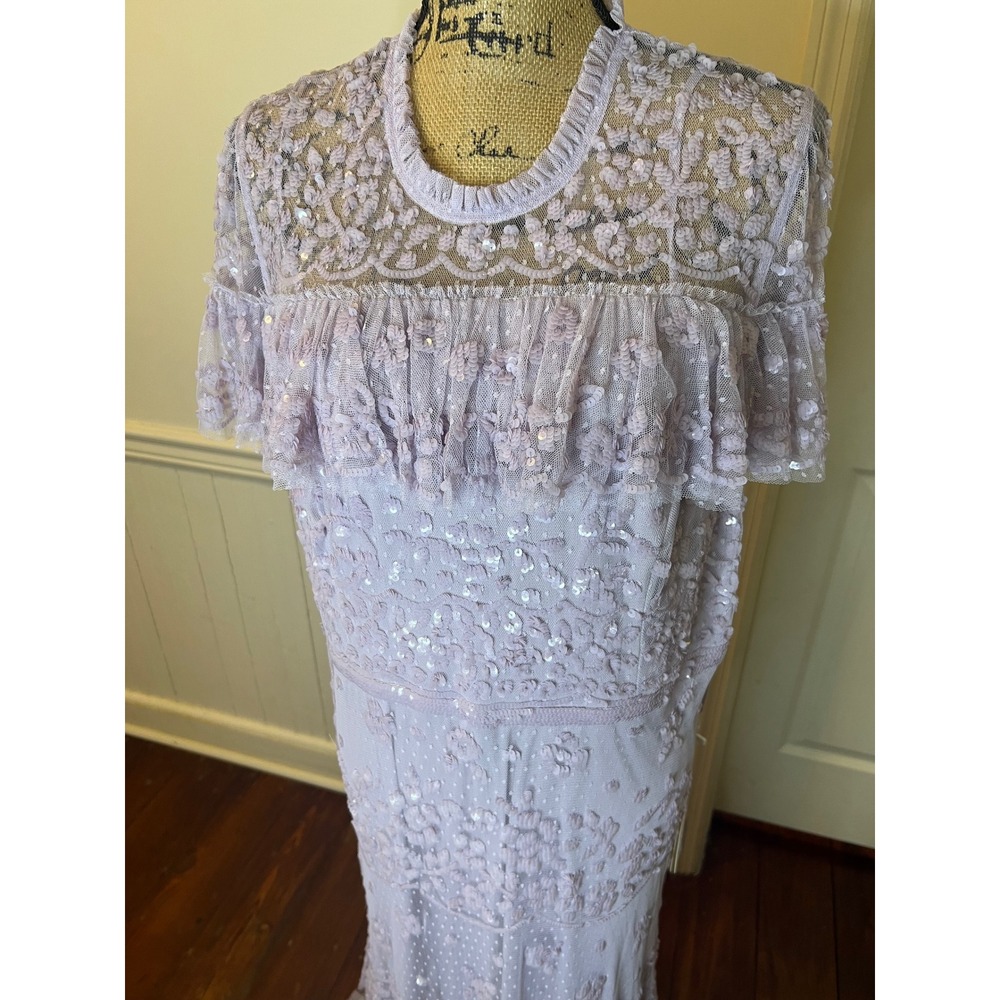 Mac Duggal 9195 Lavender Sequin Floral Lace Tiered Gown Ruffle Capelet Maxi - Picture 5 of 16